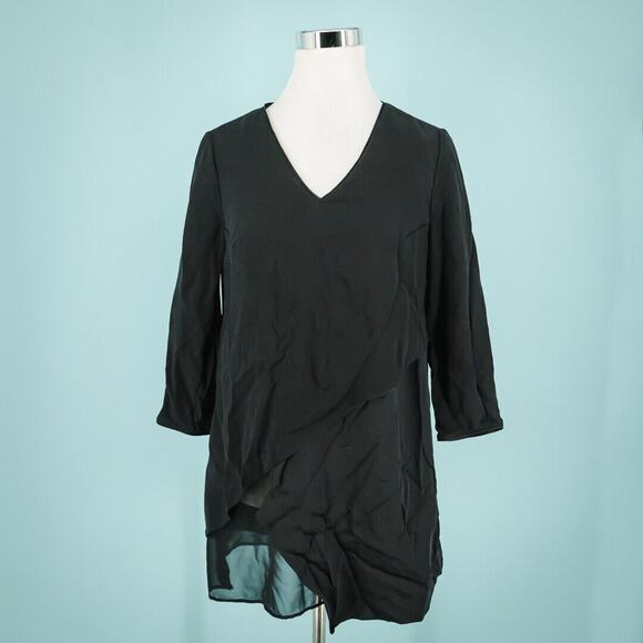 Lafayette Size 6 Black Layered Tiered V Neck 3/4 Sleeve 100% Silk Tunic Top - Picture 1 of 6